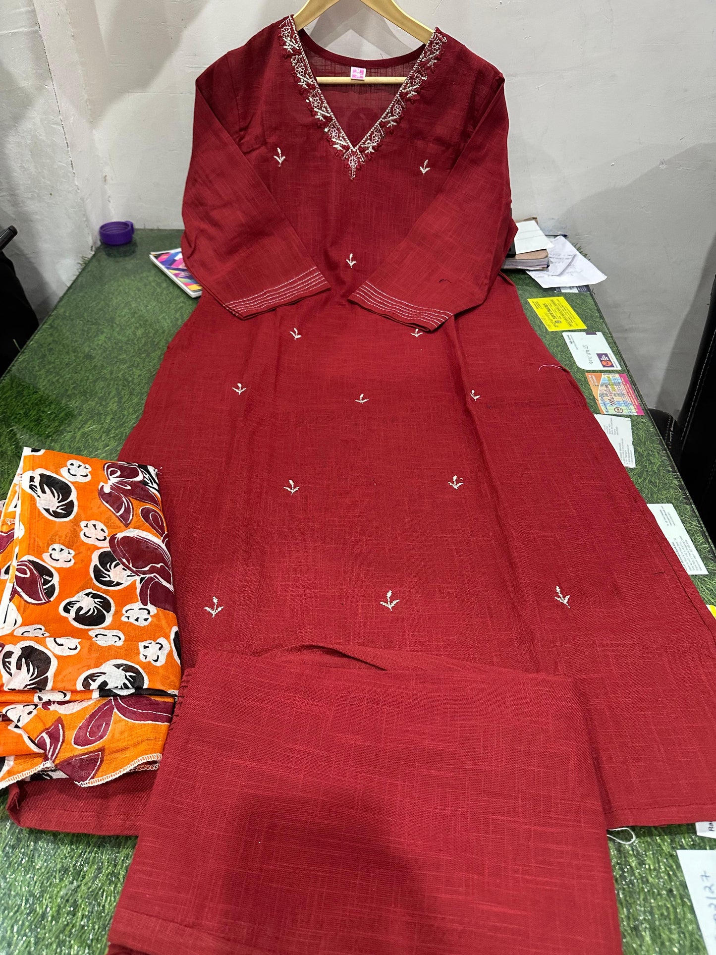 MaaBetii Red Embroider and Zari Work Cotton Straight Suit Set with Heavy Dupatta