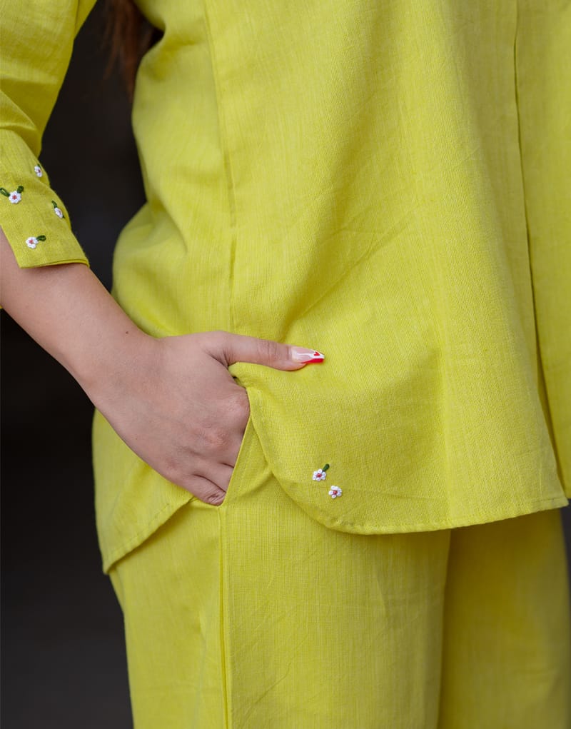Manual hand embroidery kurta set yellow