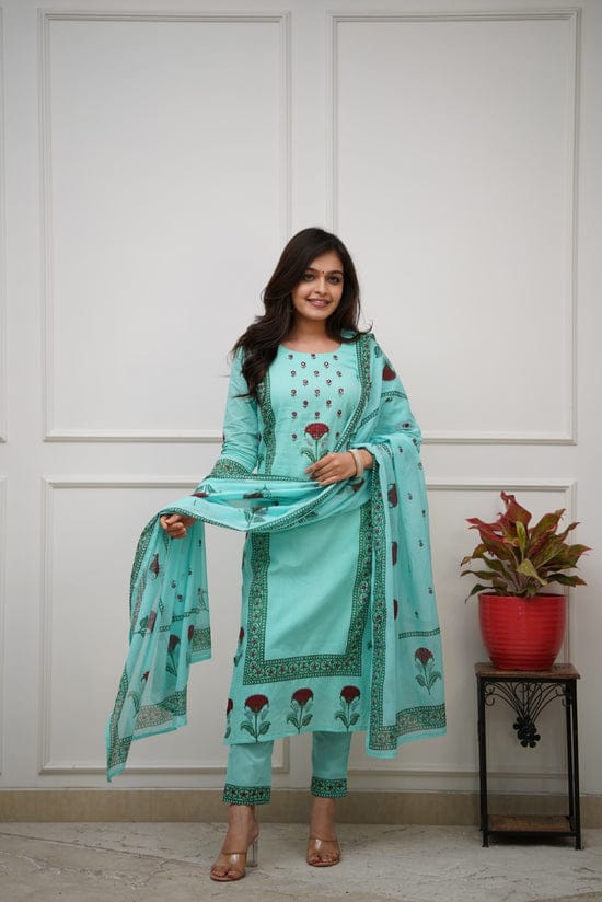 Sky blue cotton suit set with zari motif handwork and foil prin