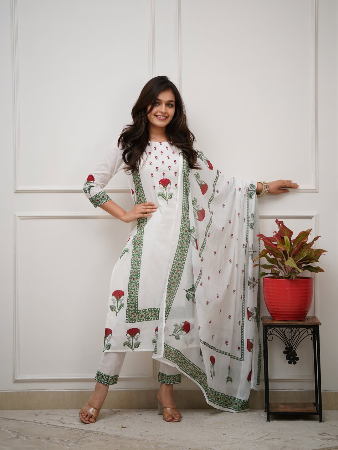 White cotton kurti set with digital shine dupatta