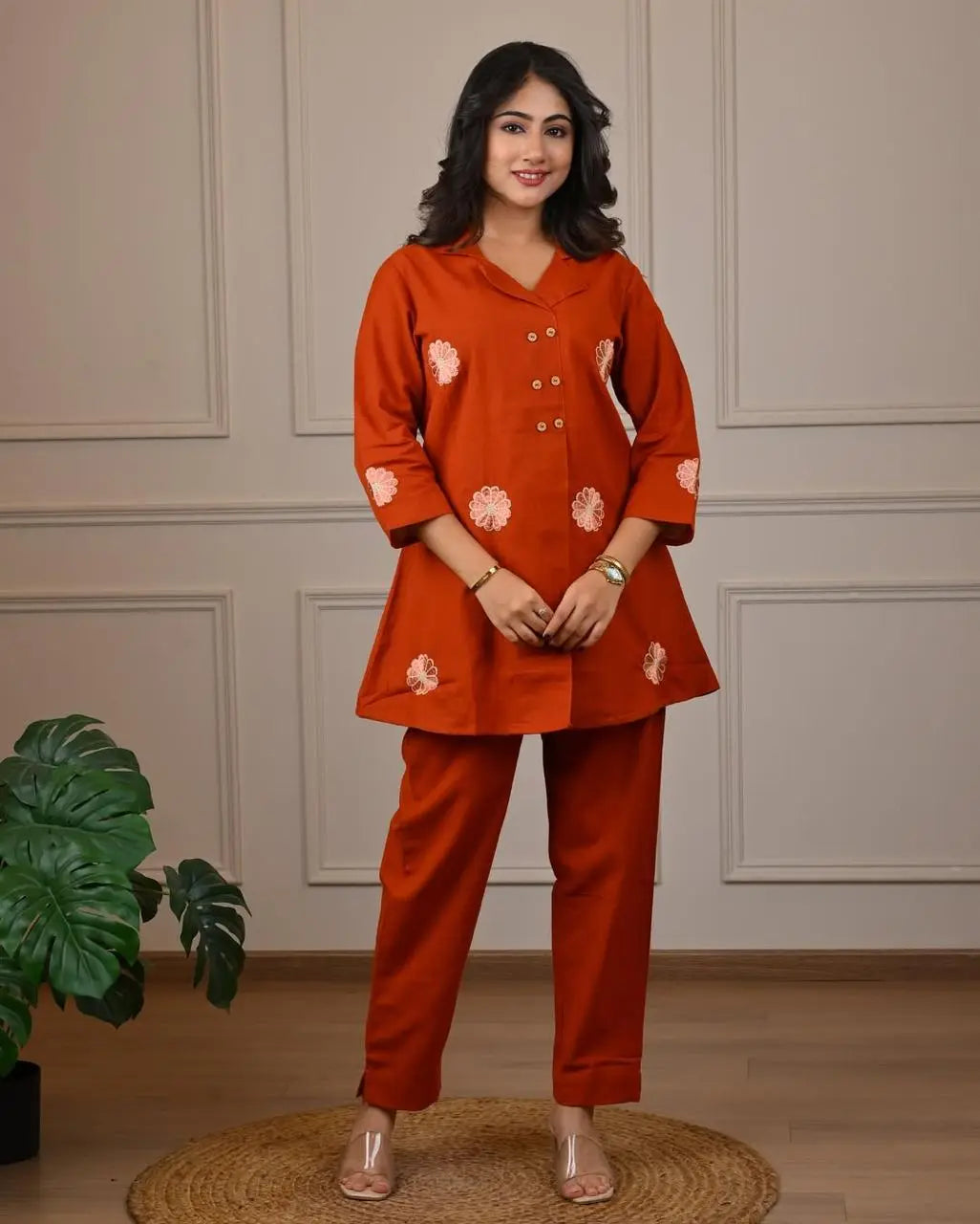 Angrakha cotton slub coord set with side embroidery – festive wear
