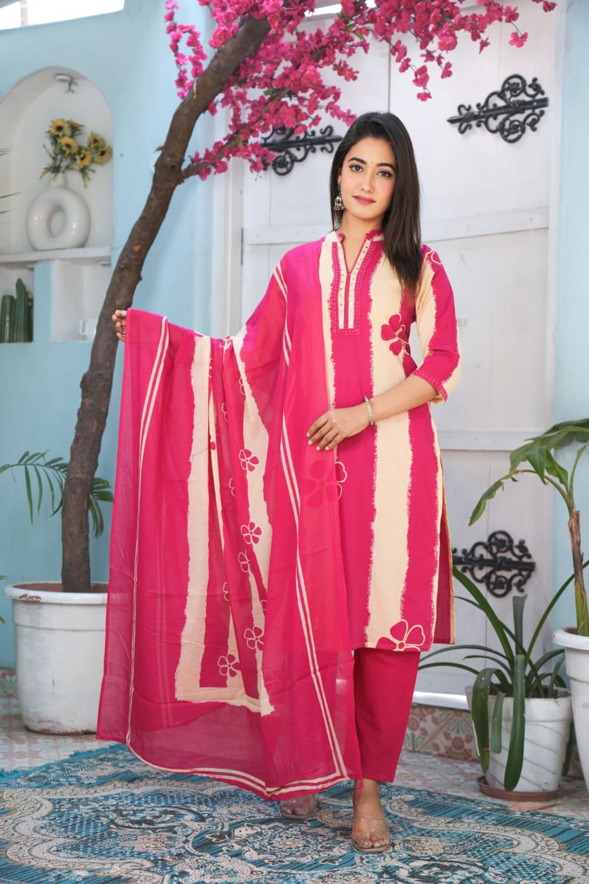 Ritika Tie-Dye Floral Print Cotton Suit Set with Gold Detailing