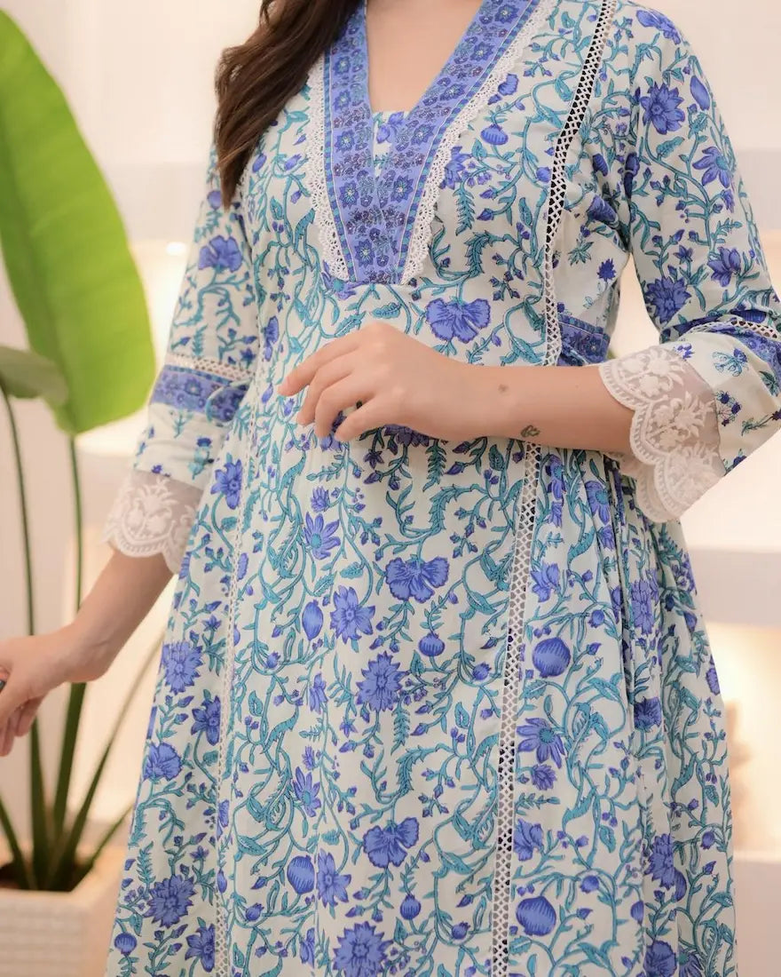 Cotton Afghani suit set in floral prints and embroidery