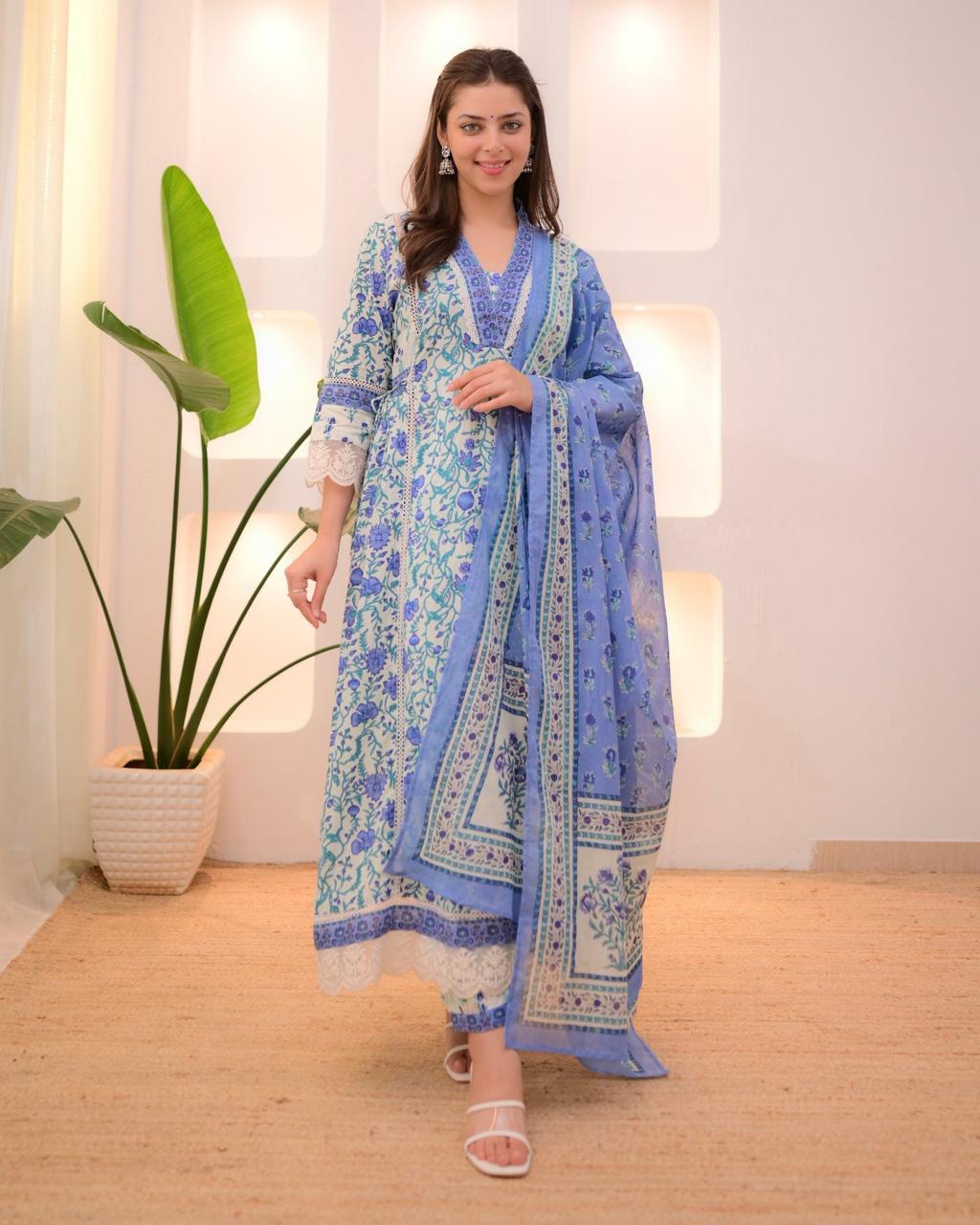 Sky blue Afghani kurti set with dupatta and pants