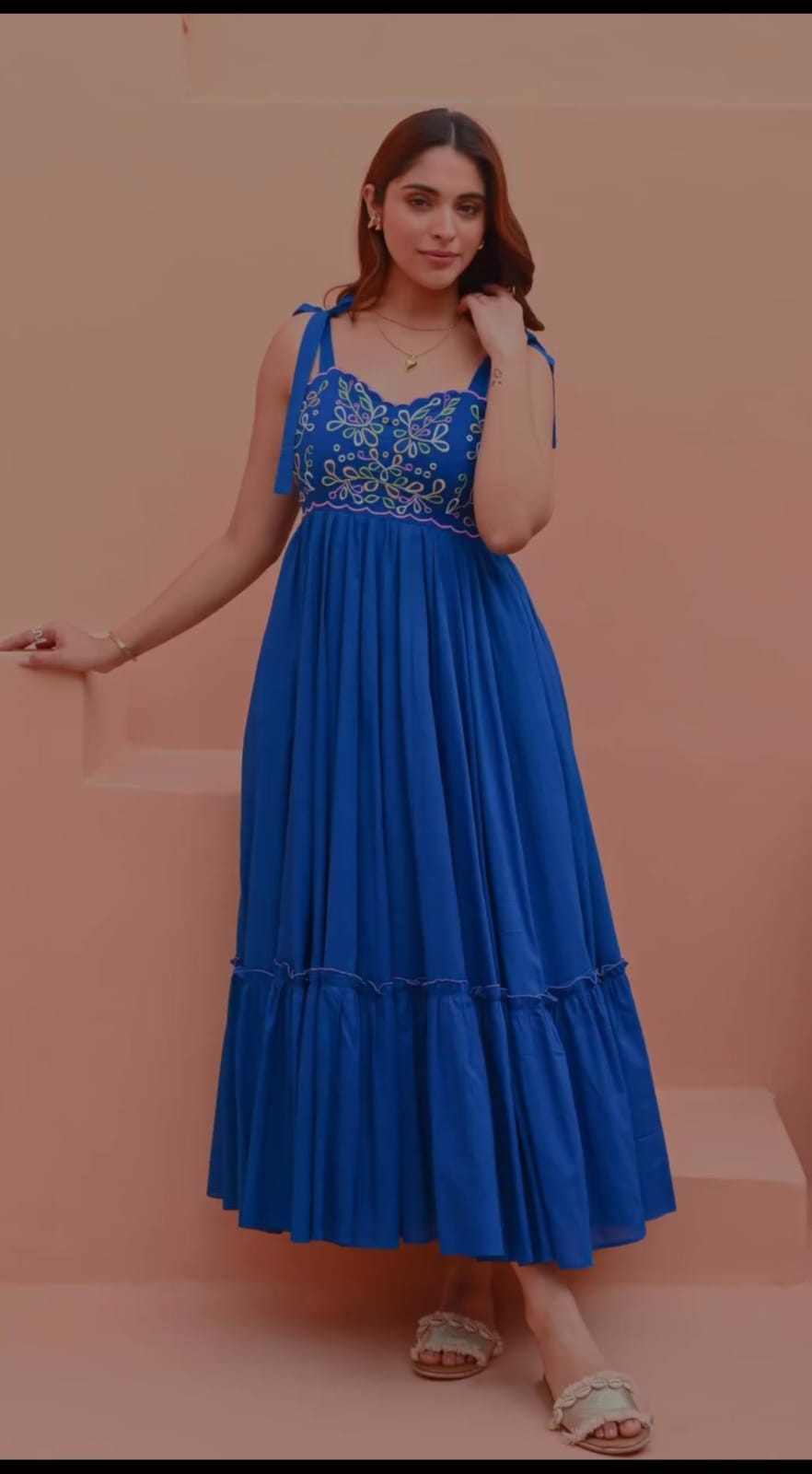 Sleeveless cotton maxi dress with embroidery front view