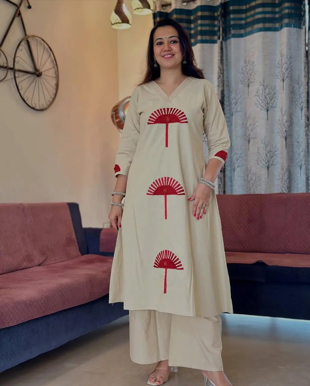 Cotton slub kurti pant set with side embroidery – white festive wear