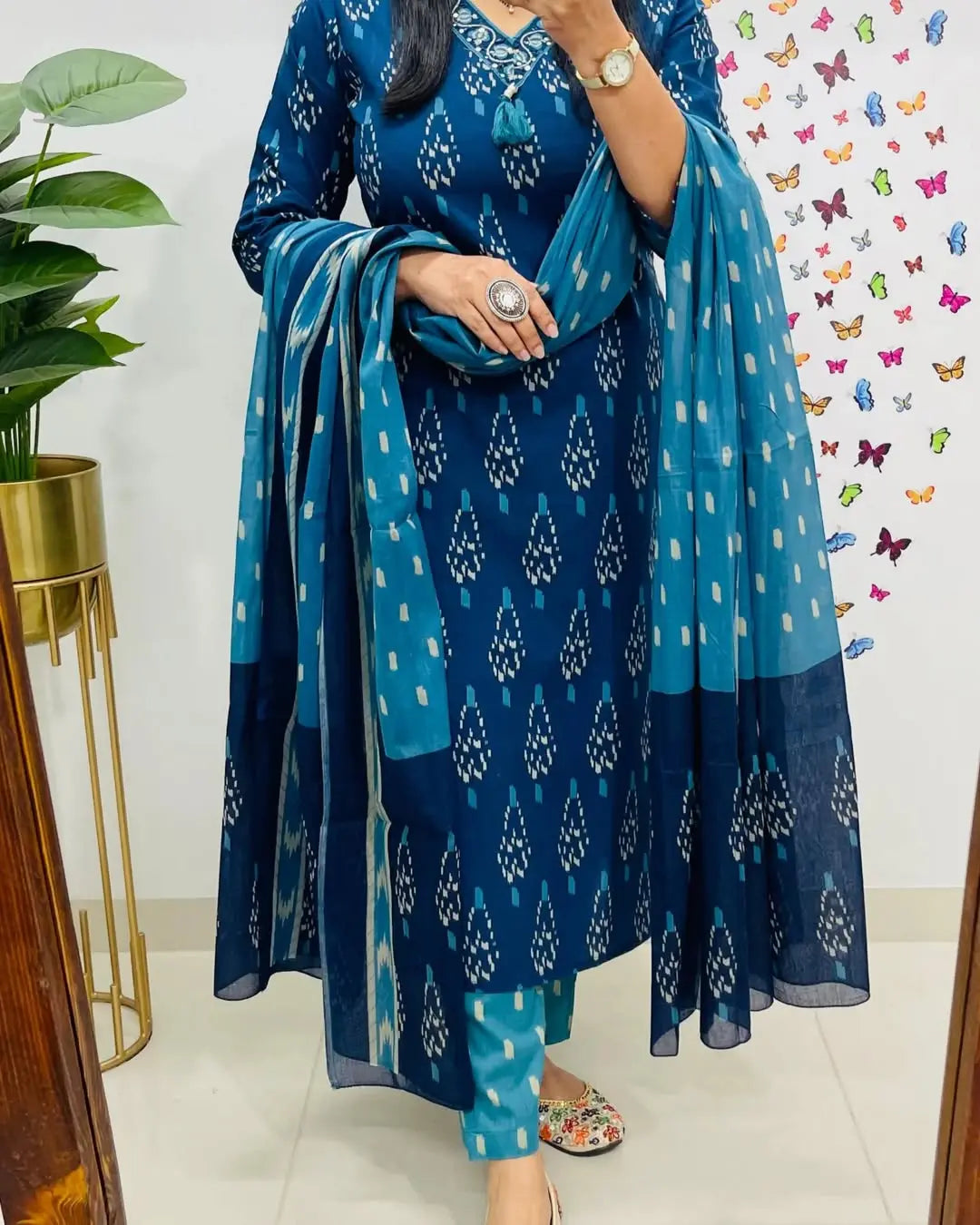 Discharge print cotton suit set with hand sequin work
