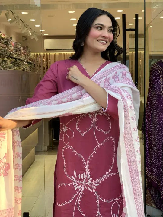 Full front embroidered kurti set with matching lace pant