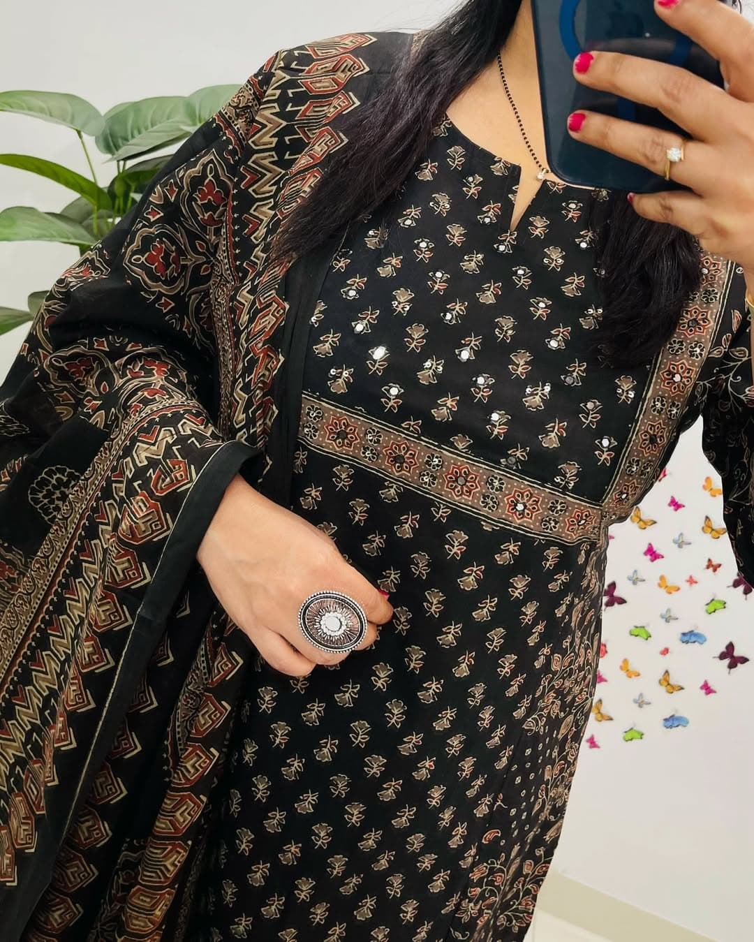 Black kurti with matching cotton dupatta and pant set