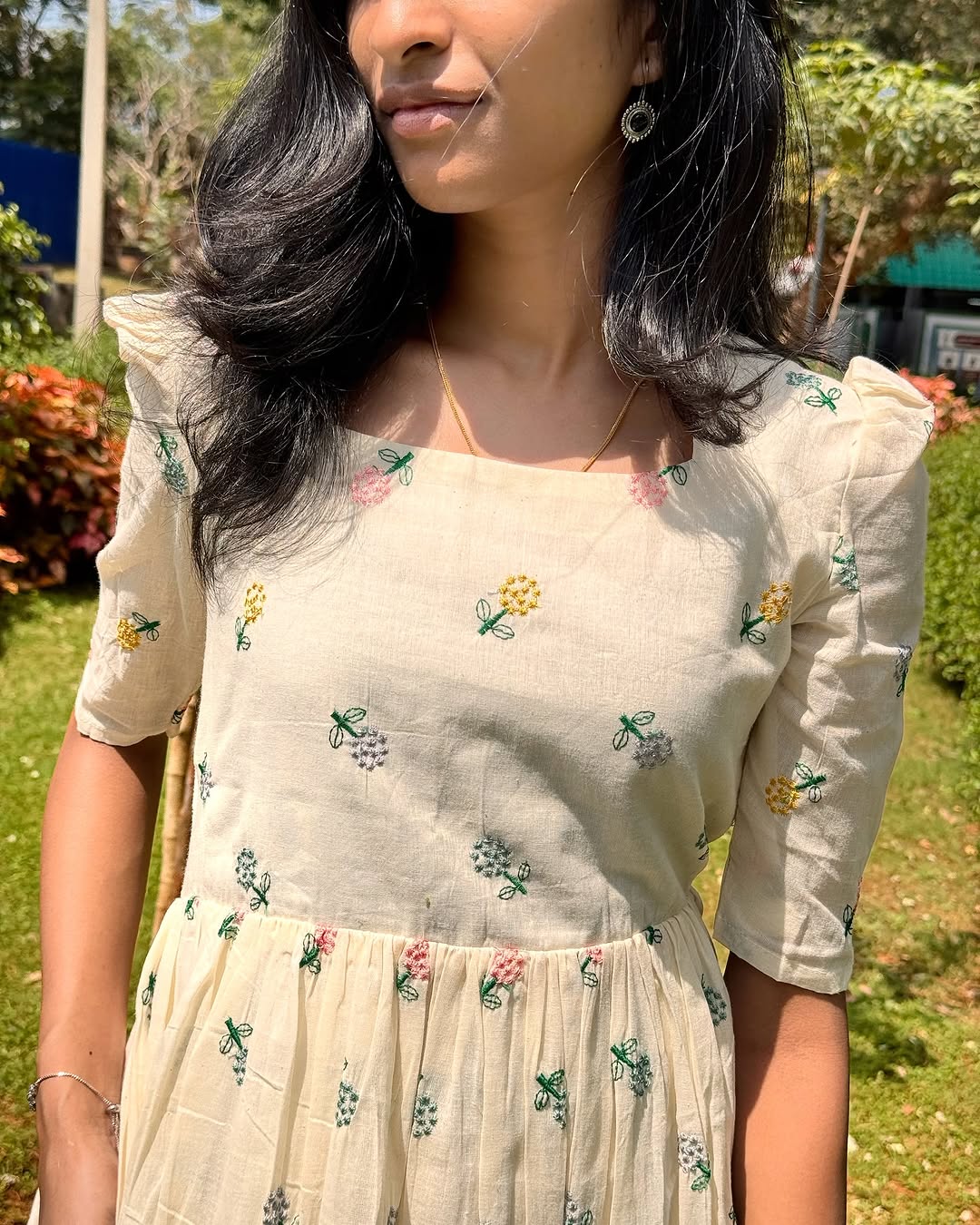 Ivana White Embroidered Cotton Midi Dress with Puff Sleeves