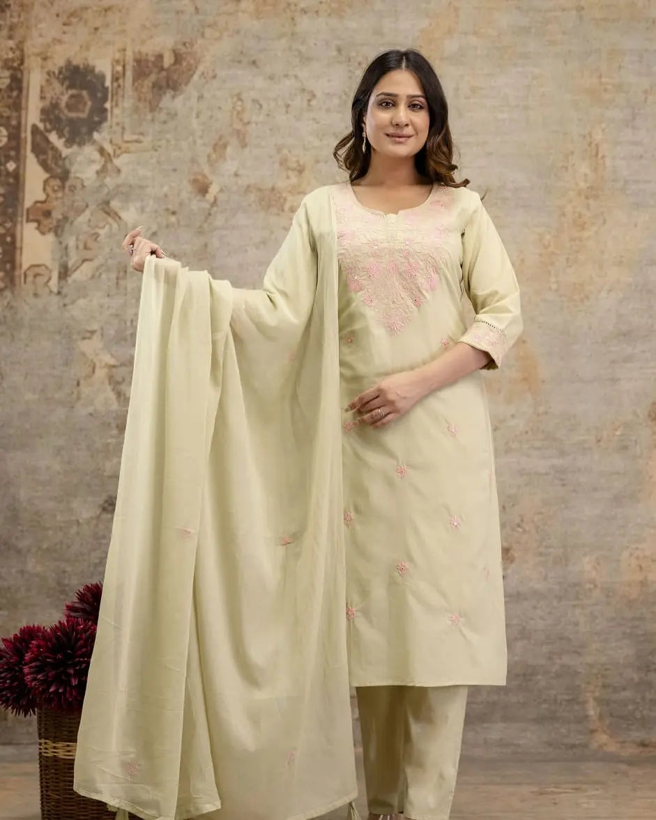 Embroidered white khadi suit set for festive wear