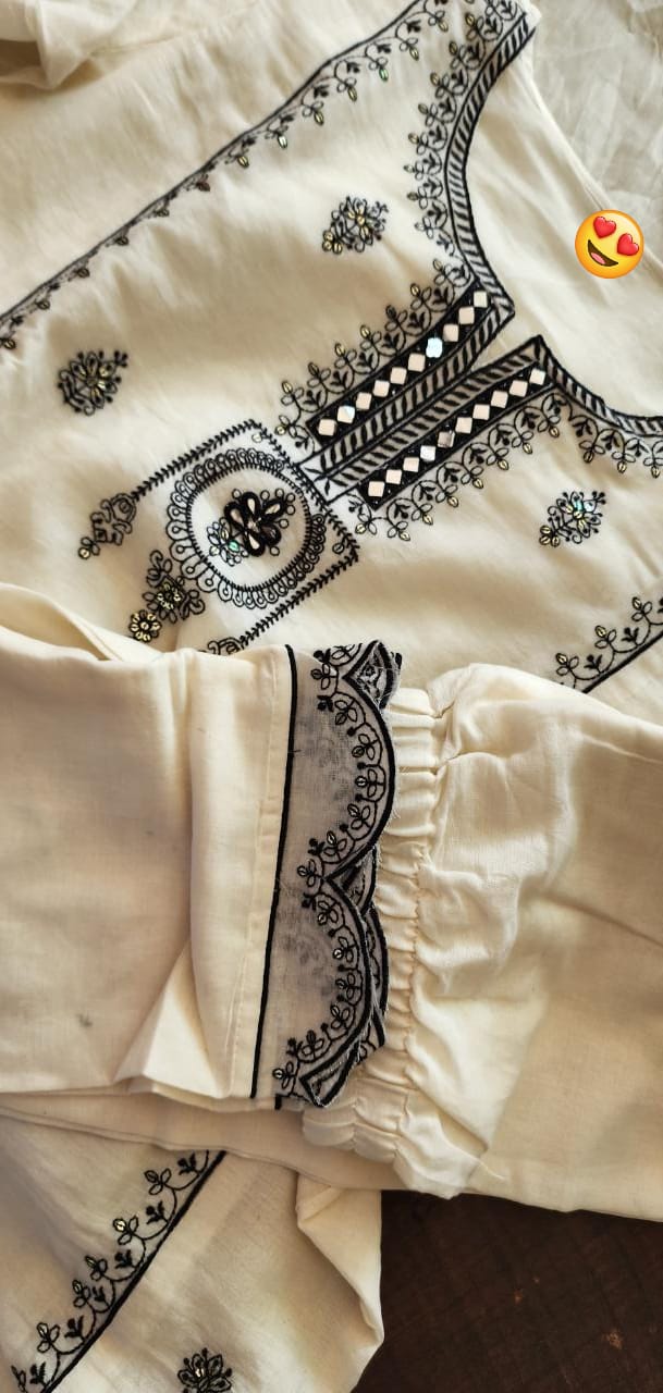 MaaBetii Black and White Embroider Cotton Straight Suit Set
