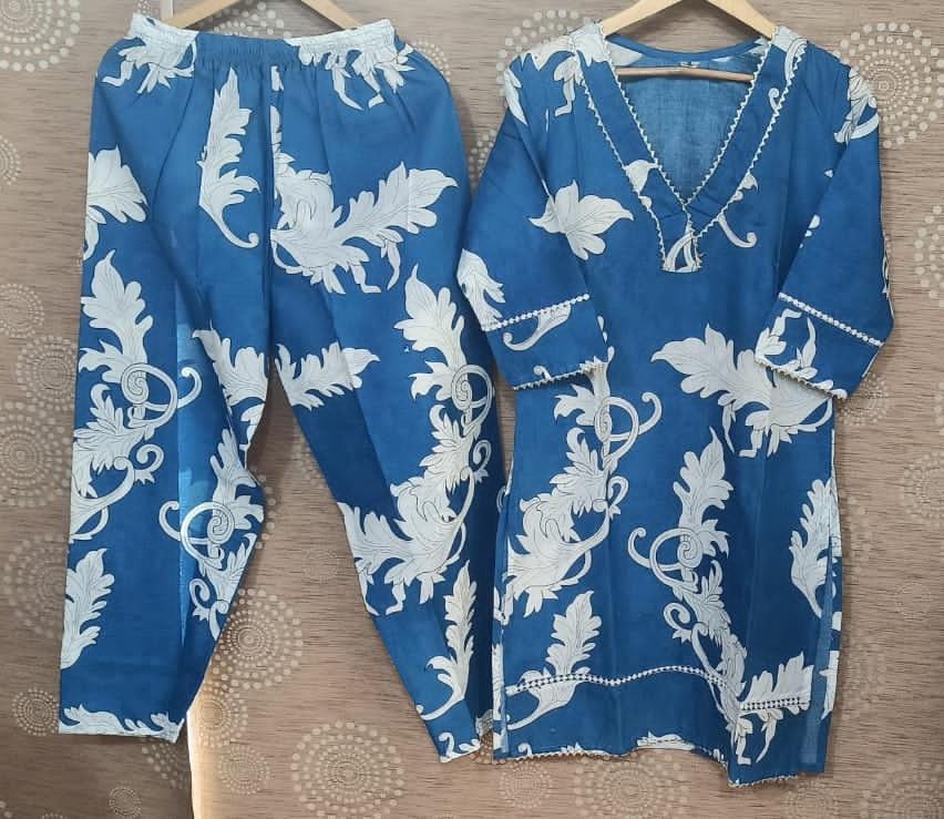 Maabetii Blue Jaipuri Printed Cotton Kurti Pant Coord Set