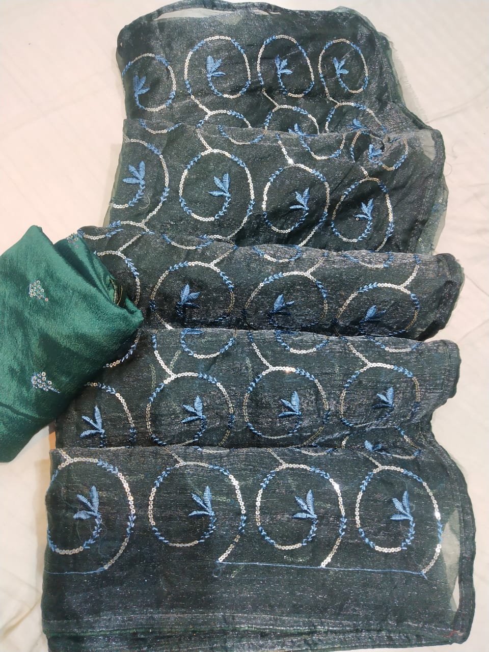 Maabetii Bottle Green Sequence Work Pure Simmer Organza Saree