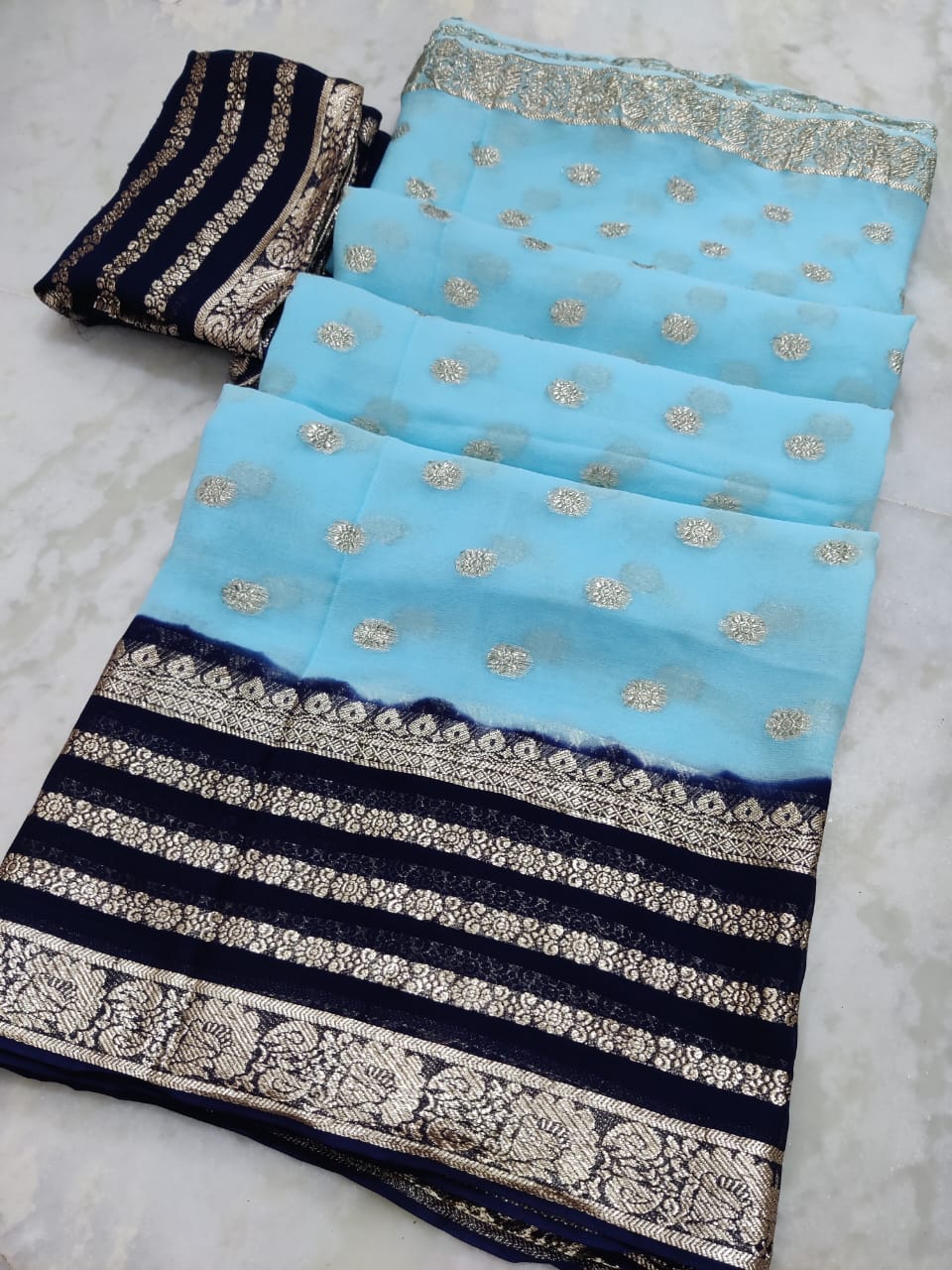 Maabetii Dual Color Jaipuri Dye Zari Work Pure Georgette Saree