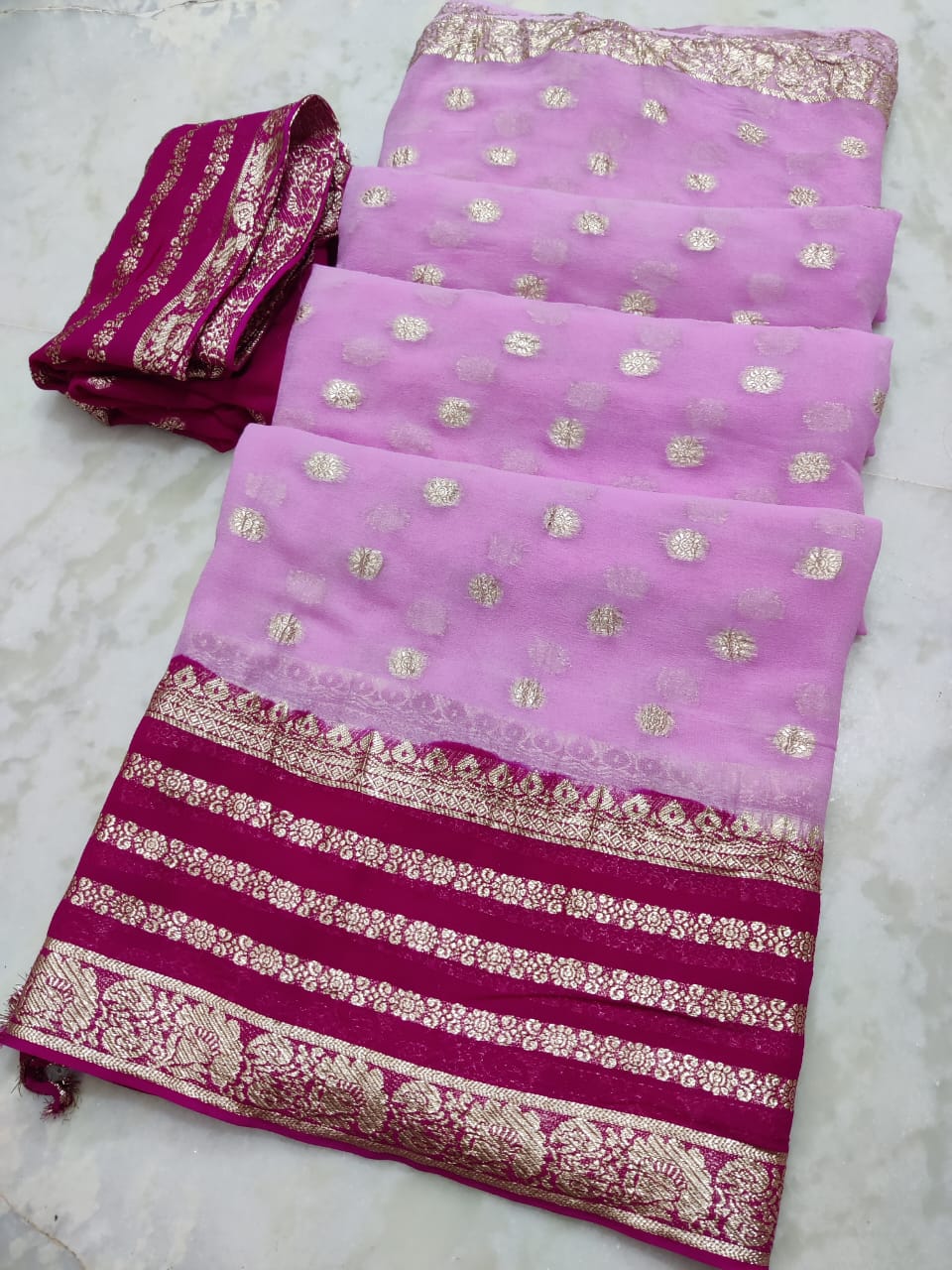Maabetii Dual Color Jaipuri Dye Zari Work Pure Georgette Saree
