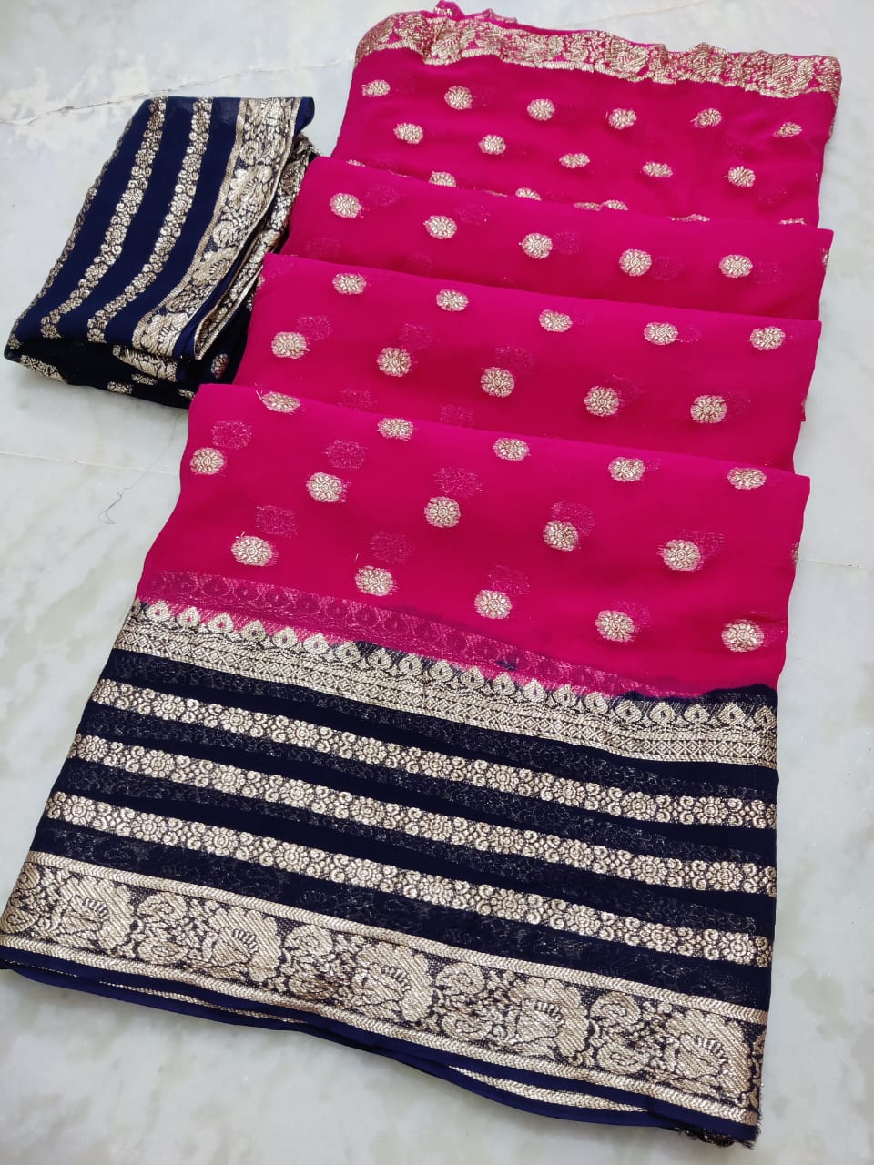 MaaBetii Dual Color Jaipuri Dye Zari Work Pure Georgette Saree