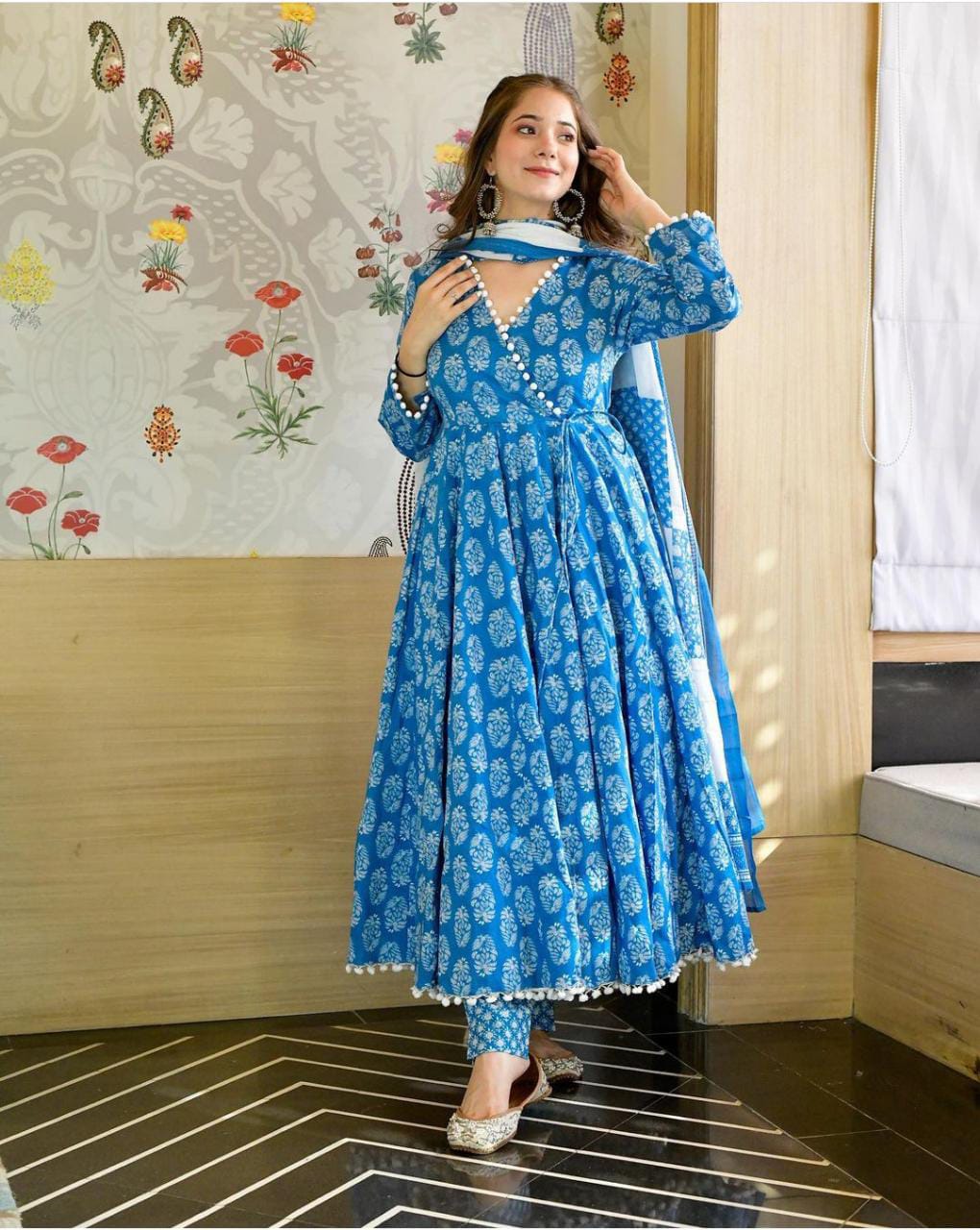 MaaBetii Mulmul Cotton Sky Blue Color Angarkha Anarkali Suit Set