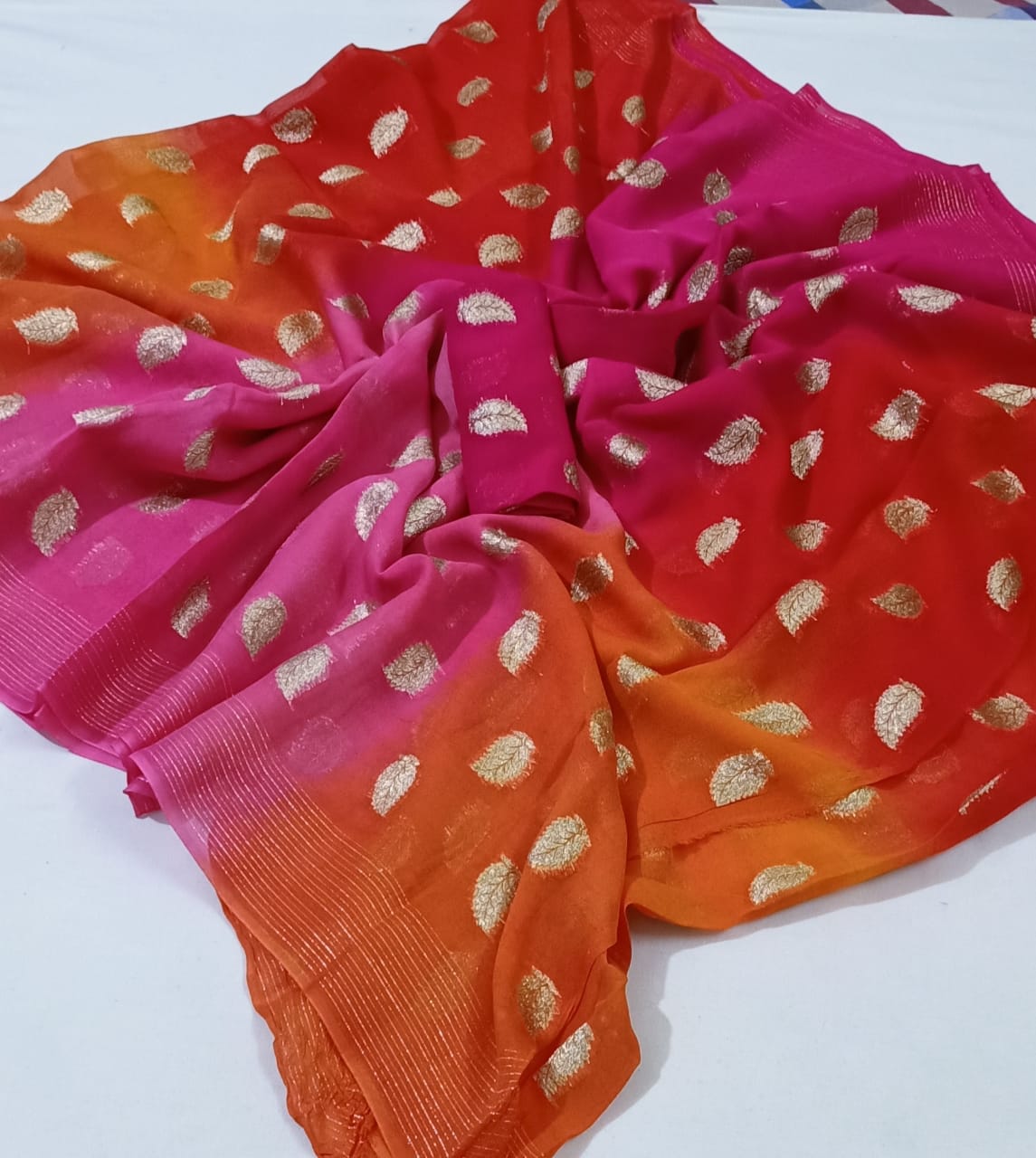 Maabetii Multicolor Leaf Design Zari Work Pure Georgette Saree