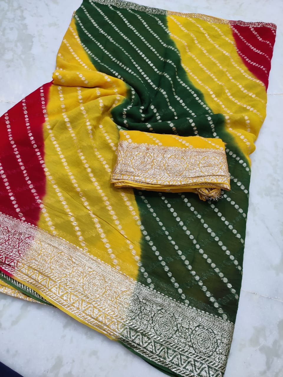 Maabetii Multicolor Leheriya Zari Work Pure Georgette Saree