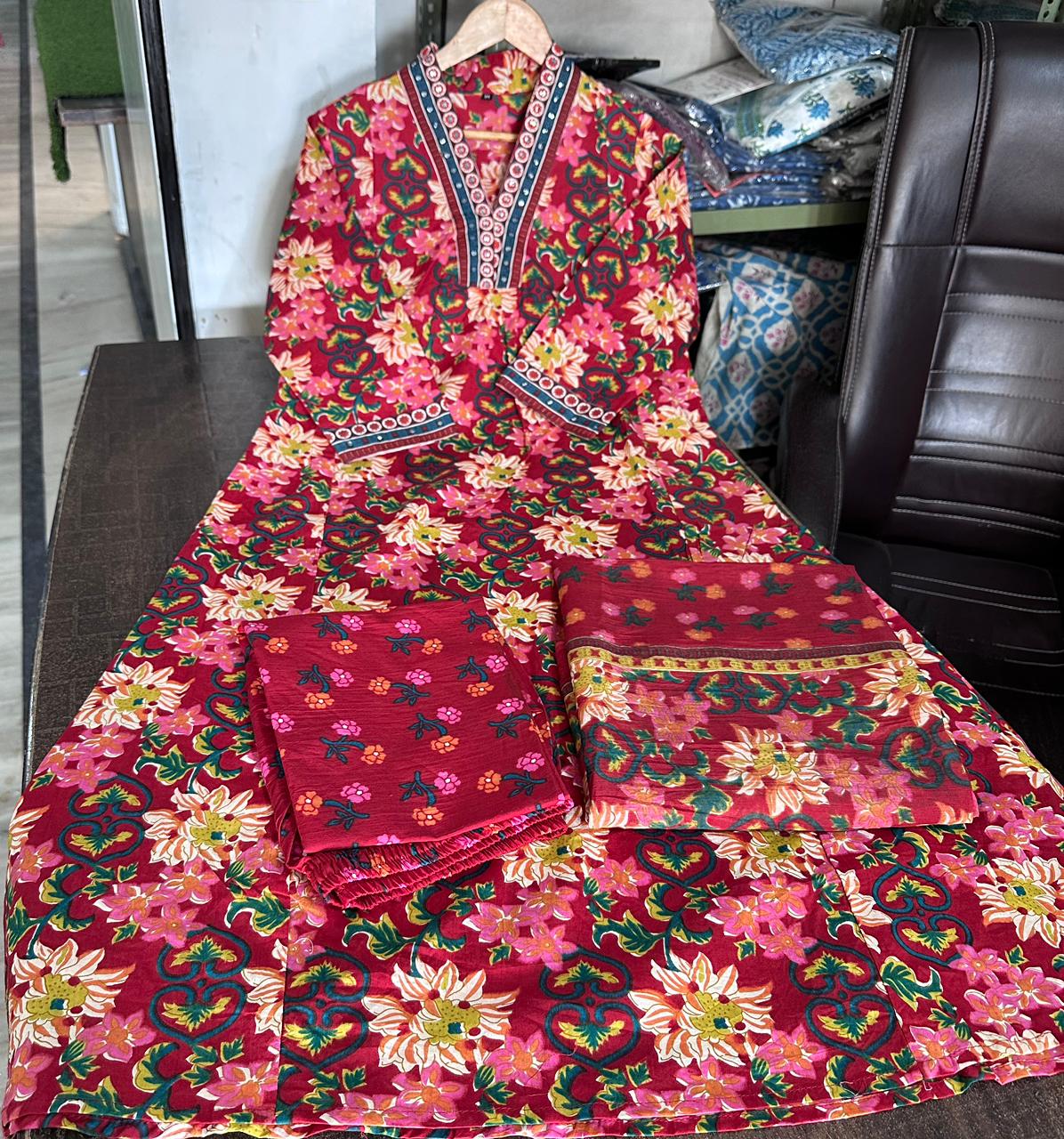 MaaBetii Red Hand Block Printed V Neck Cotton A-Line Suit Set