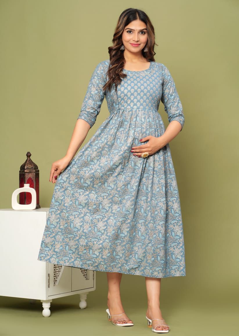 MaaBetii Sky Blue Handwork Cotton Gown Style Kurti Dress( Feeding Gown )