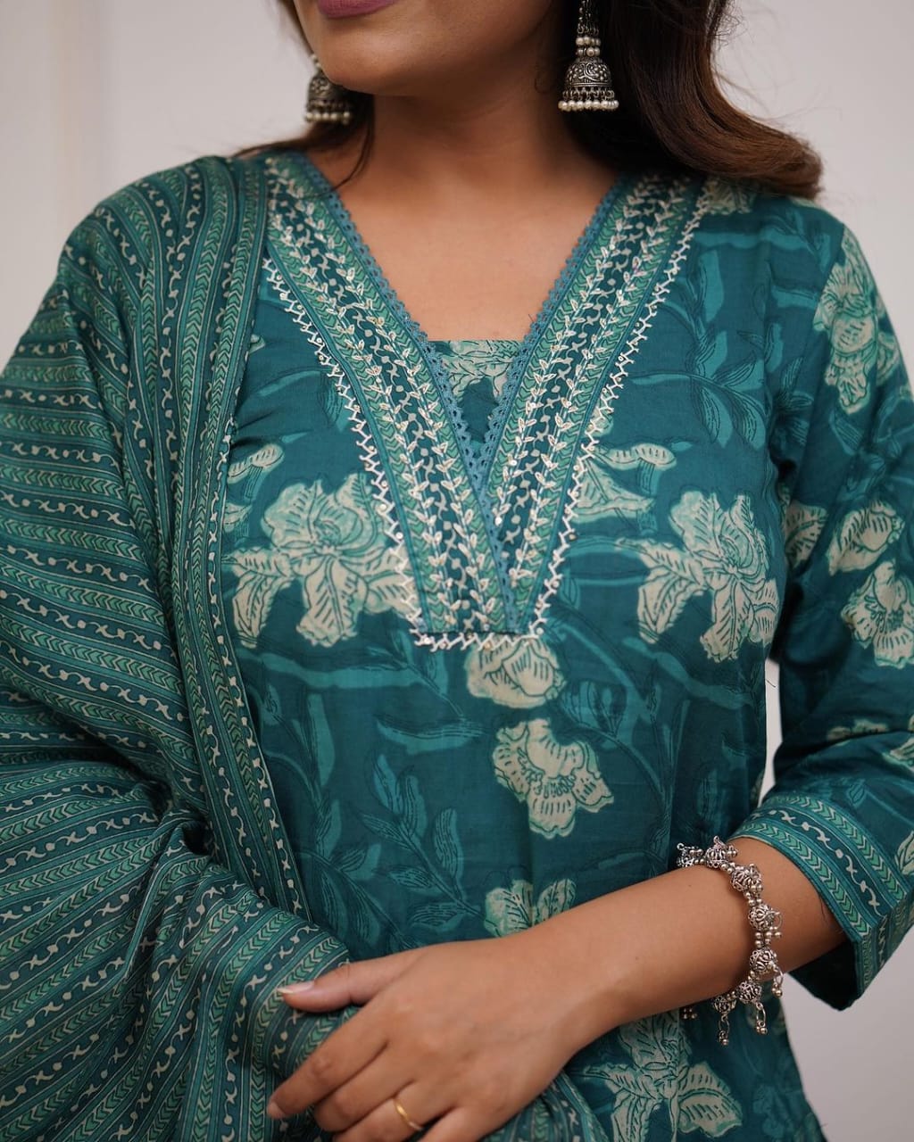 Maabetii Teal Green Floral Moti Lace Handwork Cotton Straight Suit Set