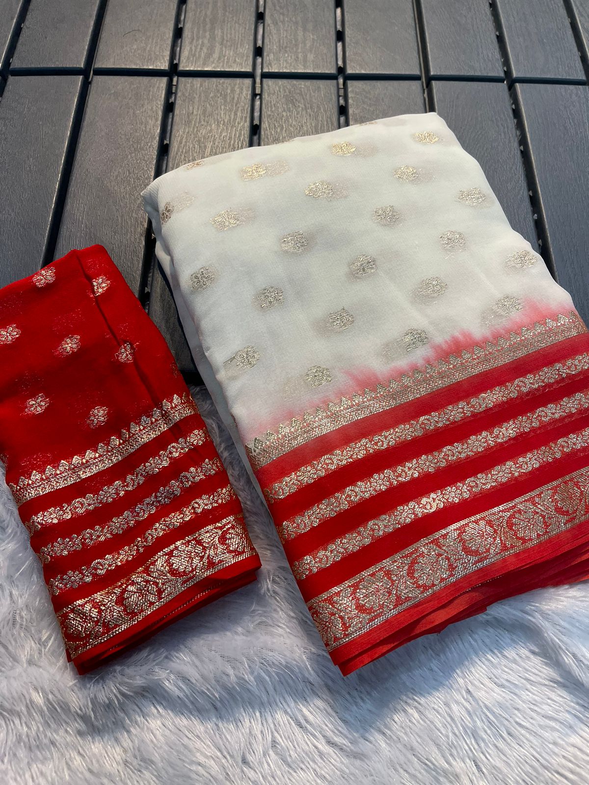 Maabetii White and Red Zari Work Pure Georgette Saree