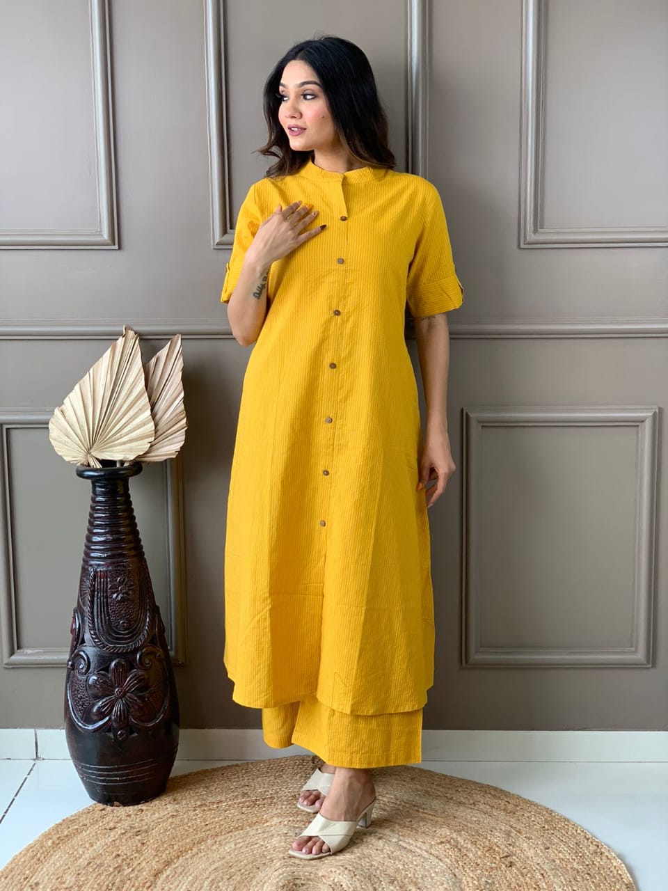 Maabeti Yellow A line Kurti Plazo Kantha Coord Set maabetii