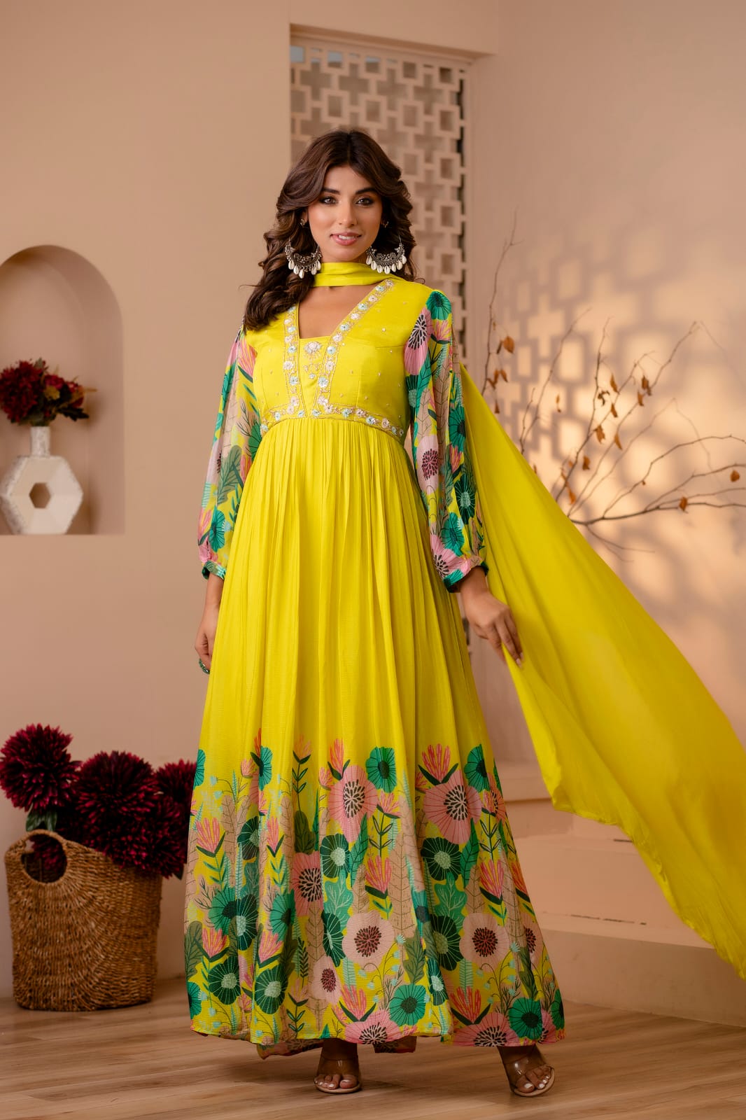 Yellow and green on sale anarkali