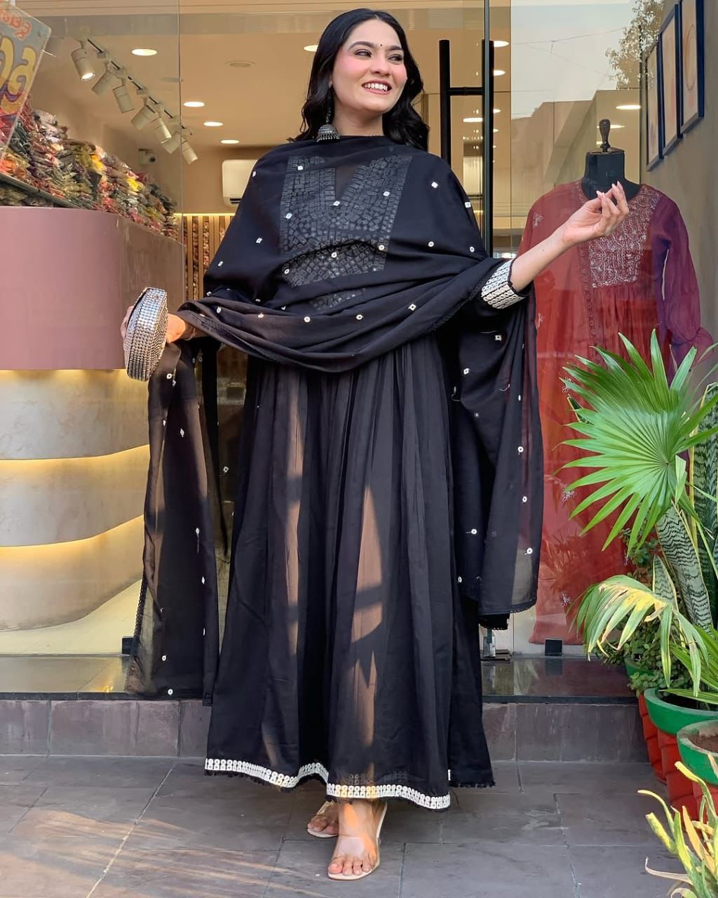 Maabetii Black Cotton Embroidery Anarkali Suit Set