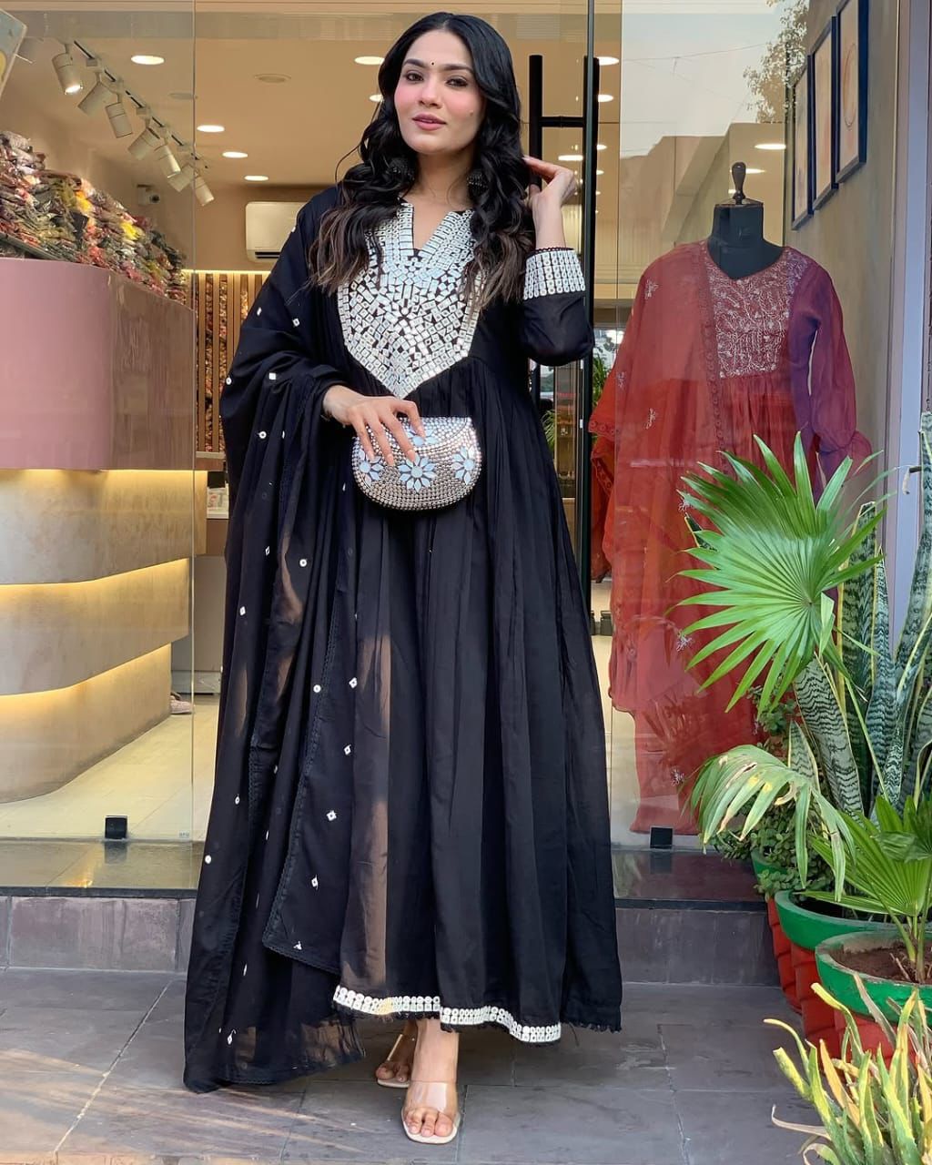 Maabetii Black Cotton Embroidery Anarkali Suit Set