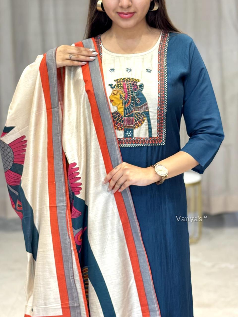 Arya Blue Chinon Digital Print Straight Fit Suit Set