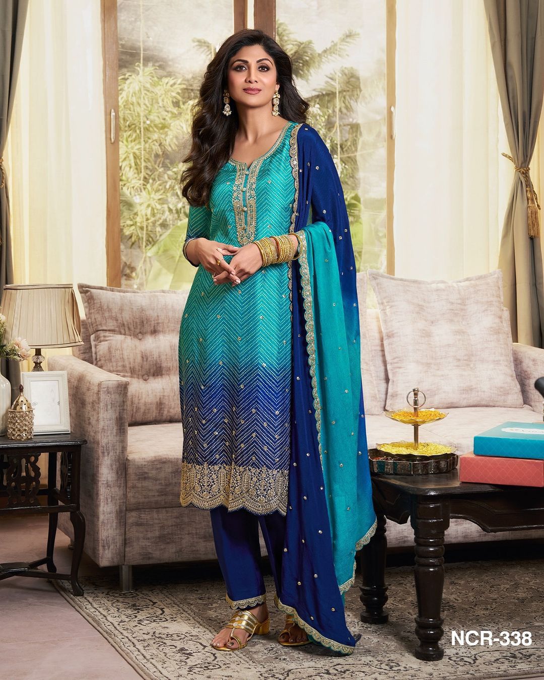 Maabetii Blue Chinon Embroidery Suit Set