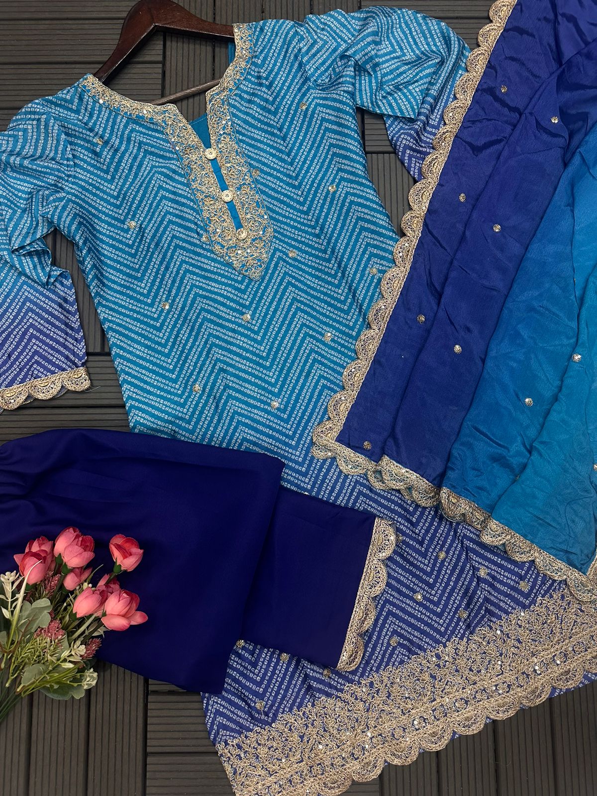 Maabetii Blue Chinon Embroidery Suit Set