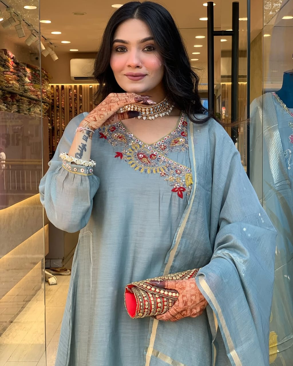 Maabetii Blue Cotton Angrakha Embroidery Suit Set