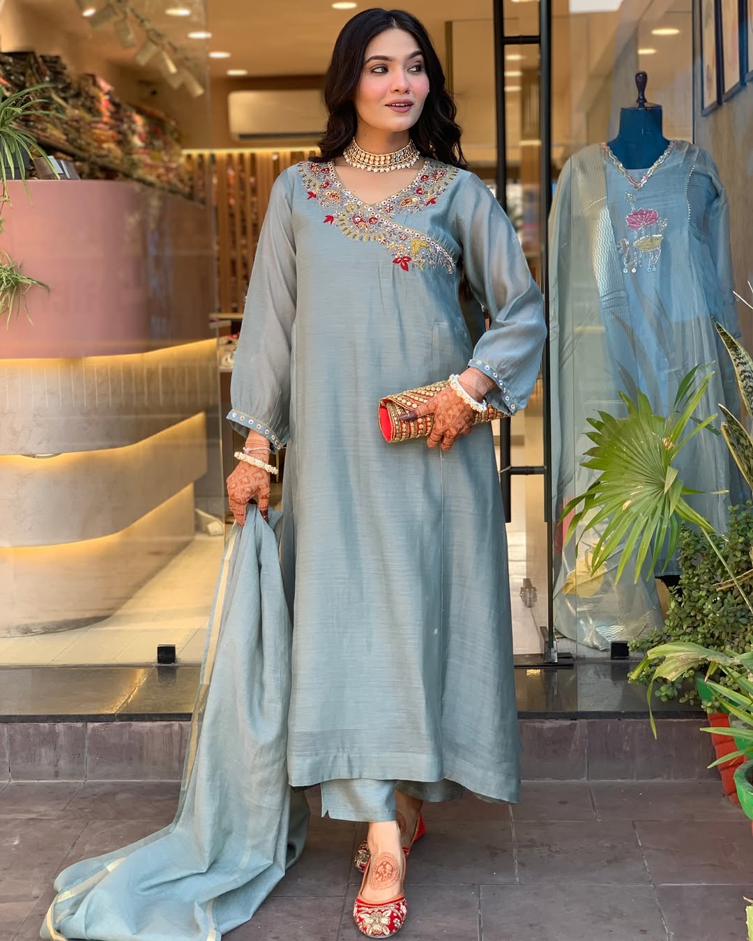 Maabetii Blue Cotton Angrakha Embroidery Suit Set