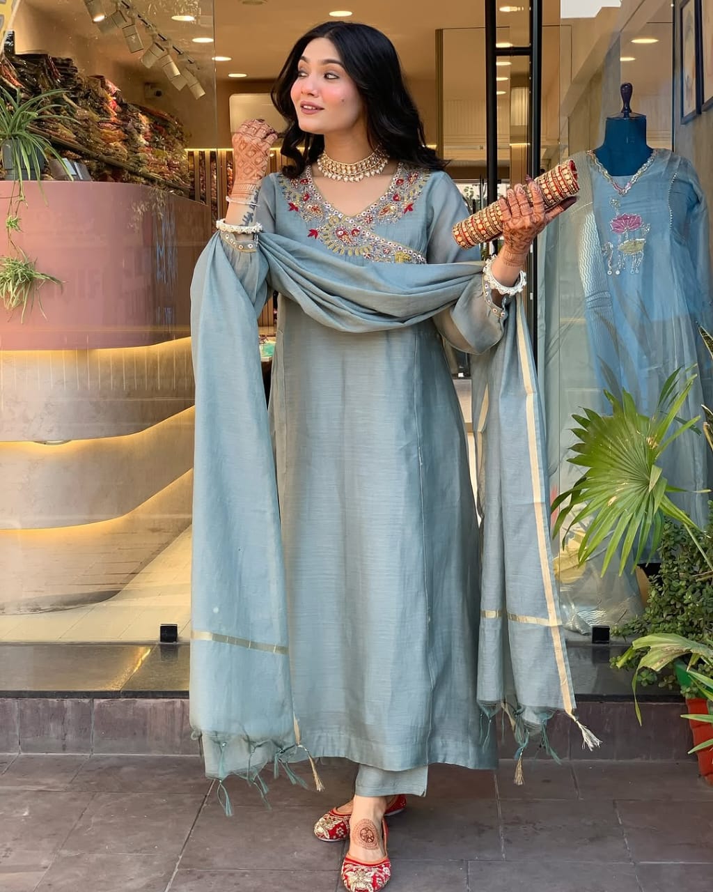 Maabetii Blue Cotton Angrakha Embroidery Suit Set