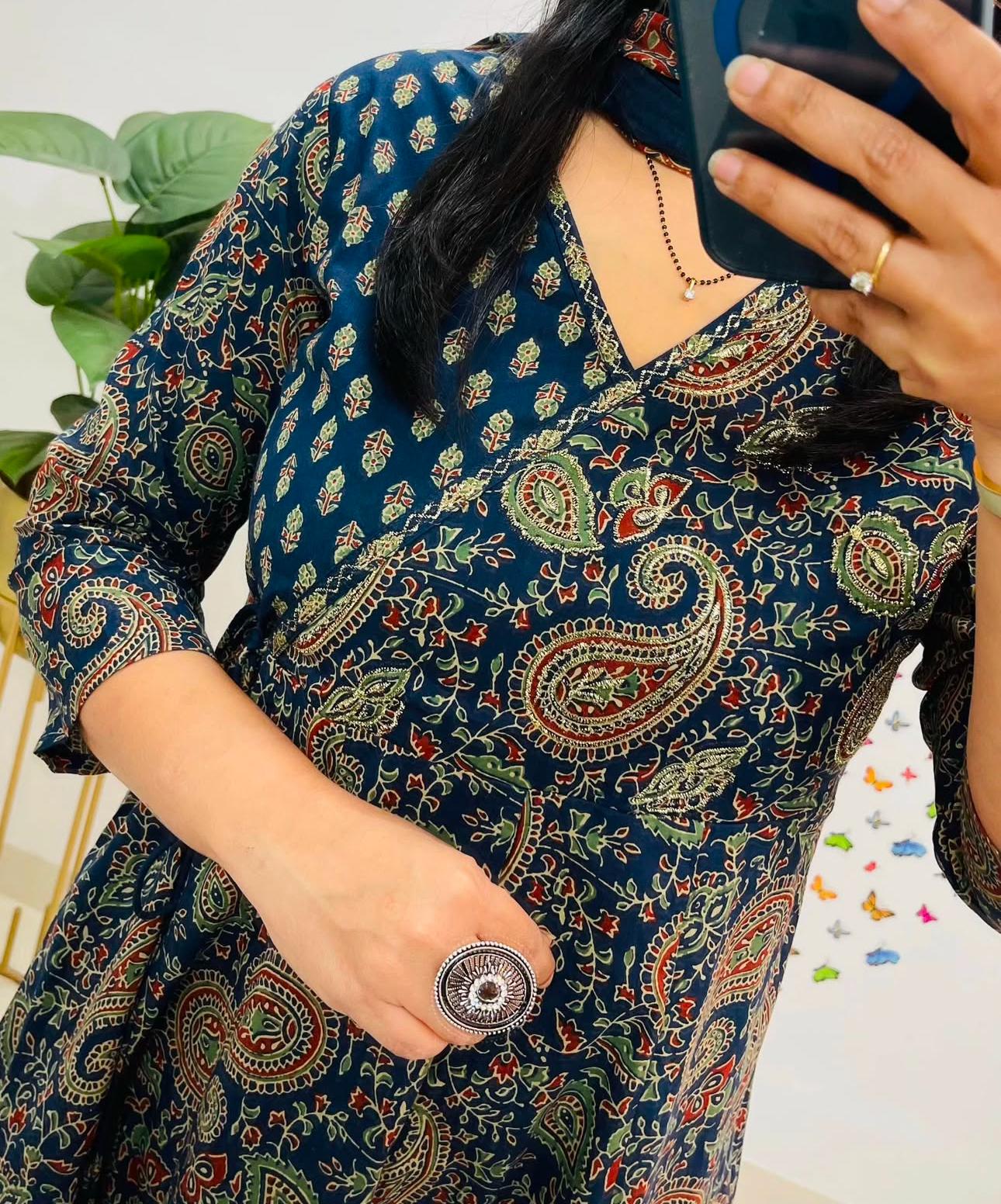 Close-up of the angrakha tie-up detailing on the kurti.