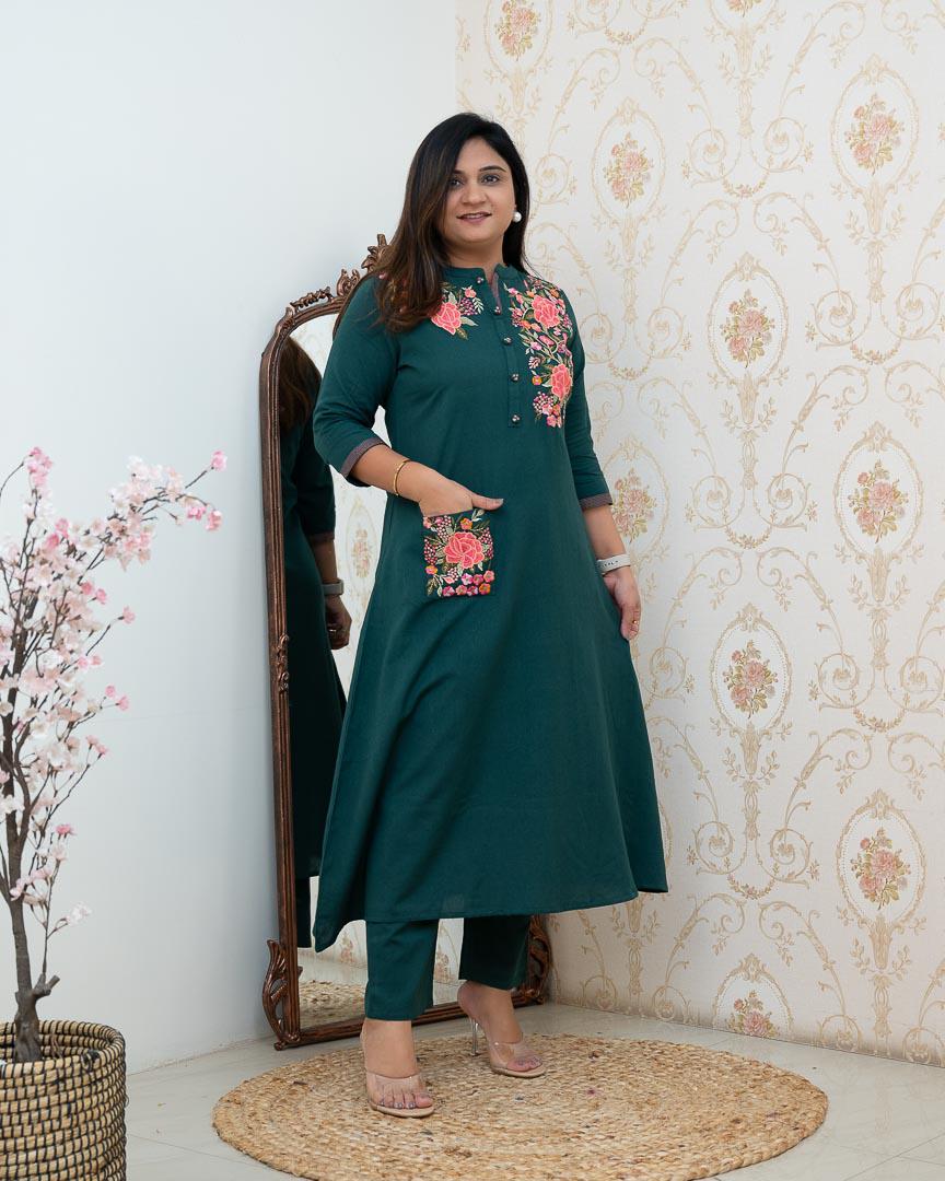 Maabetii Blue Cotton Embroidery A-line Kurti and Pant