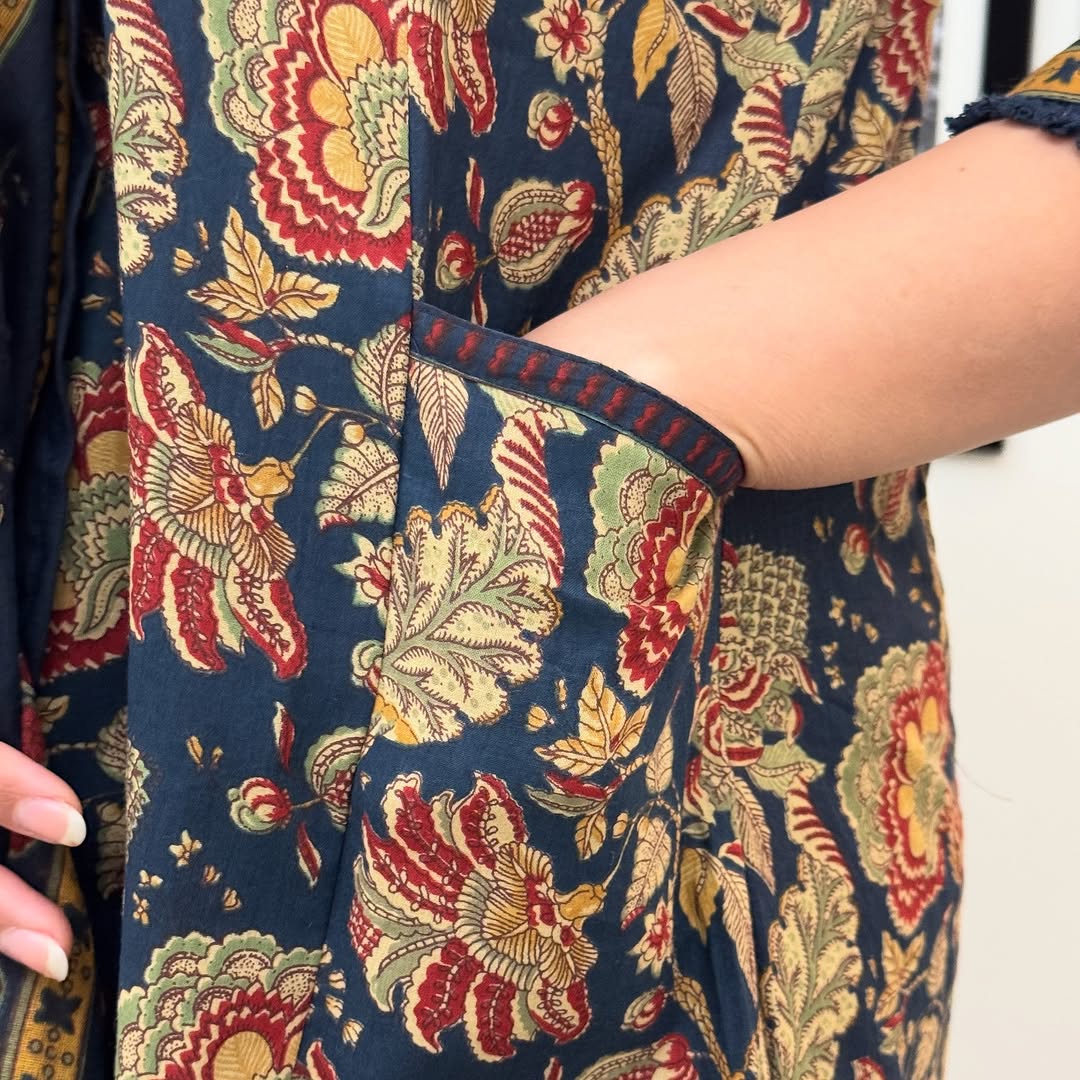 Neel Blue Cotton Embroidery Flare A-Line Suit Set