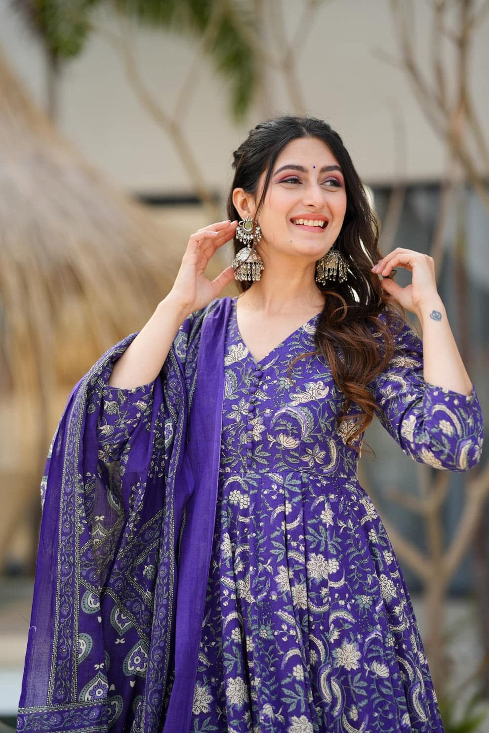 Ira Blue Chinon Digital Print Anarkali Suit Set