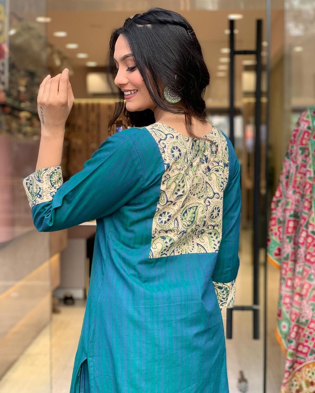 blue printed cotton kurti set, ideal for casual outings."