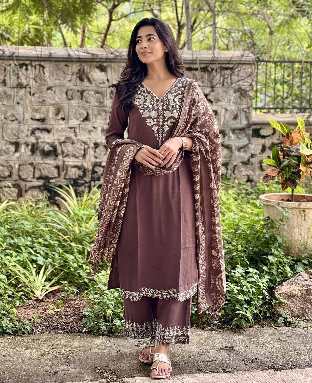 Maabetii Brown Cotton Embroidery Straight fit Suit Set