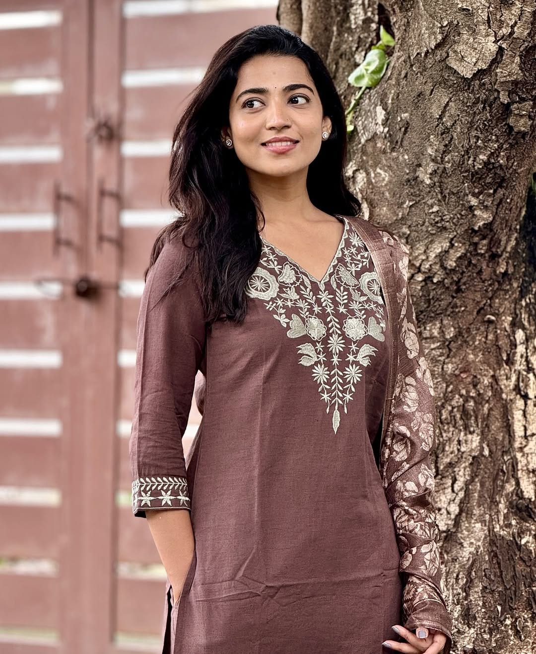 Maabetii Brown Cotton Embroidery Straight fit Suit Set