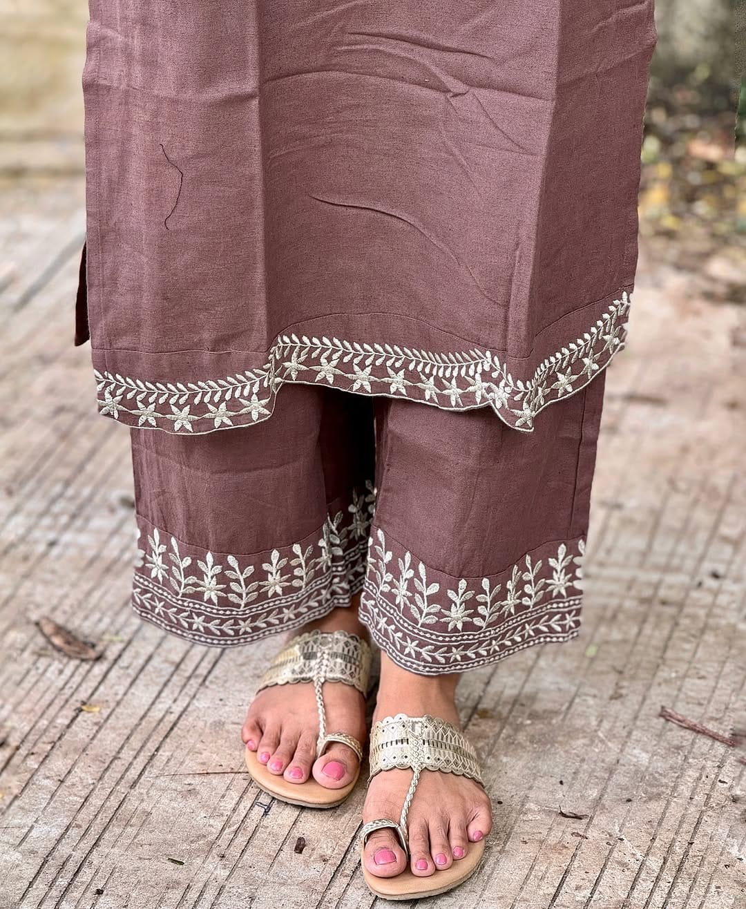 Maabetii Brown Cotton Embroidery Straight fit Suit Set