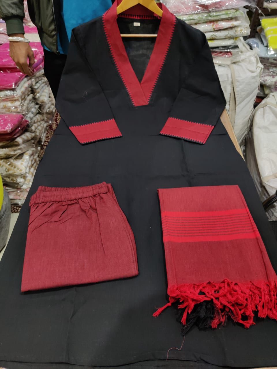 Black Red Cotton Suit Set