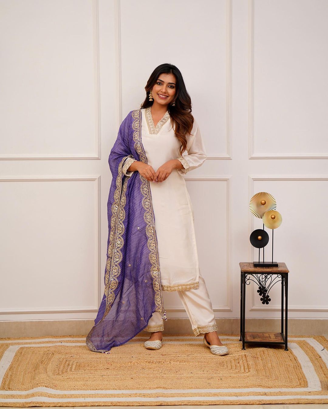 MaaBetii White Cotton Silk Embroidery Kurta with Heavy Dupatta and Pant