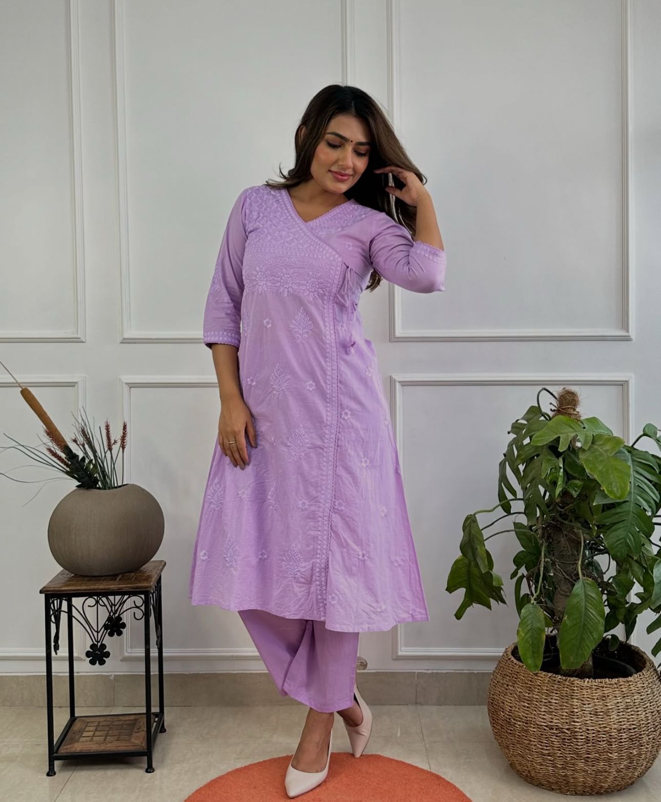 Maabetii Lavender Cotton Angrakha Embroidery Kurti with Pant