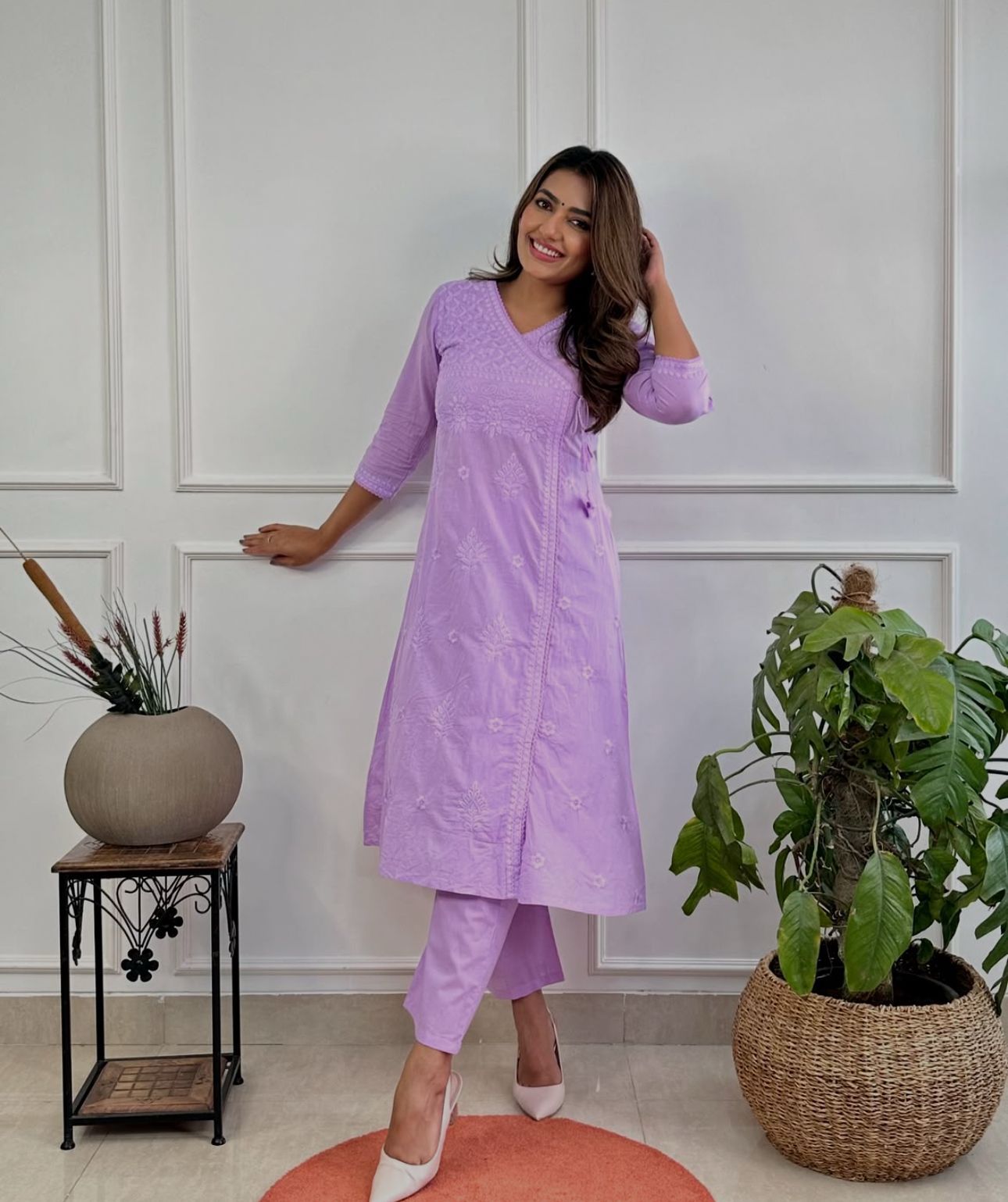 Maabetii Lavender Cotton Angrakha Embroidery Kurti with Pant